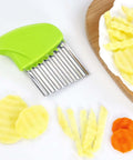 Front view of green plastic-handled crinkle cutter with stainless steel blades for slicing potatoes and vegetables