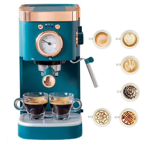 Game Changer Semi Automatic Espresso Maker With Integrated Milk Frother And Steam Wand for cafe style lattes, featuring dual glass cups.