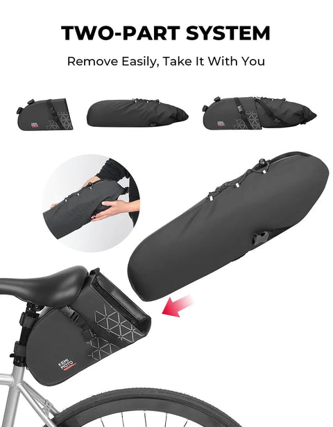 Detachable Bike Seat Bag With Removable Inner Pouch 11 To 13 Liter Waterproof Saddle Pack With Reflective Panel shown in use