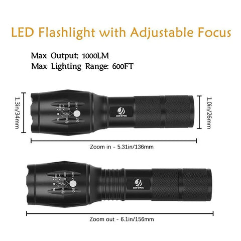 Dual Pack Tactical LED Flashlight S1000 T6 Upgraded with zoomable beam shown in collapsed and extended views