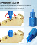 Drum And Disc Brake Proportioning Valve Bleeder Tool Set For PV2 PV4 showing easy installation with blue aluminum tool on brass valve.