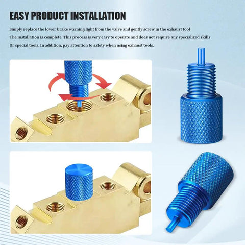 Drum And Disc Brake Proportioning Valve Bleeder Tool Set For PV2 PV4 showing easy installation with blue aluminum tool on brass valve.