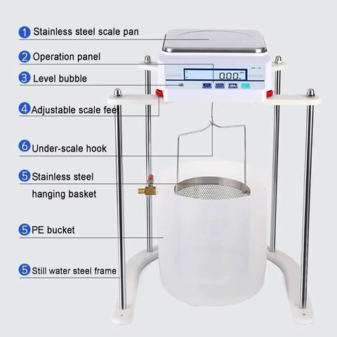 Heavy Duty Electronic Hydrostatic Balance Scale With Crisp Lcd Panel And Sturdy Metal Tray Built Legit For Dead On Precise Density And Volume Testing Up To Five KG Capacity features stainless steel scale pan and operation panel.