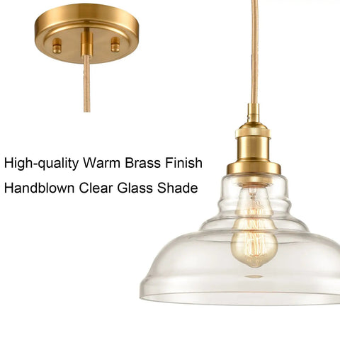 Modern Brass Pendant Light For Kitchen Island With Hand Blown Glass Shade, Farmhouse Style Ceiling Fixture, 47.2 Inch Adjustable Cord