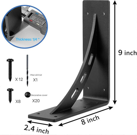 Beefy Heavy Duty Shelf Brackets 9 Inch By 8 Inch 1100 Pound Max Load Premium Alloy Mantel Brackets with screws and drill bit