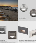 Dope Low Voltage 12V Horizontal Step And Wall Light For Indoor Or Outdoor Use Amber 1800K Built In LED In Stainless Steel IP66 Waterproof Landscape Fixture shown on steps at sunset and various designs including circle, square, and rectangle.