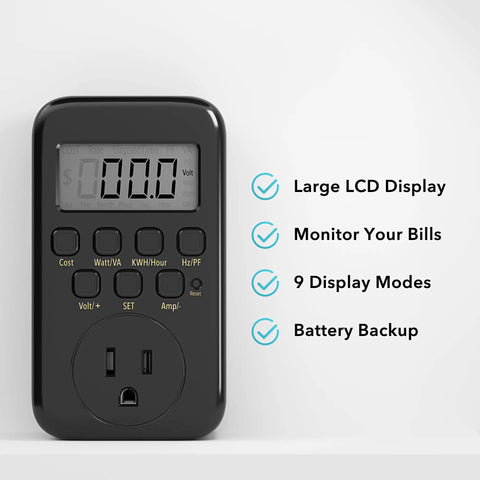 Handy LCD Plug In Power Meter With Digital Display, Wall Socket Watt Meter For Voltage And Amps, Track Electricity Usage And Costs, 9 Display Modes For Easy Energy Saving, No Fuss Home Power Monitor