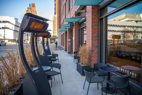 Freestanding 11000W Gas Patio Heater For Outdoor Warmth With Instant Infrared Heat On Demand installed outside a cafe