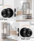 Matte Black Interior Door Knob Set With Round Ball Privacy Handle For Bedroom And Bathroom, ANSI Grade 3, 200000 Cycles, Brass Cylinder, Anti Fingerprint Wear Resistant, Modern No Fuss No Sharp Edge Door Knobs, 6 Pack showing left and right open positions on white door