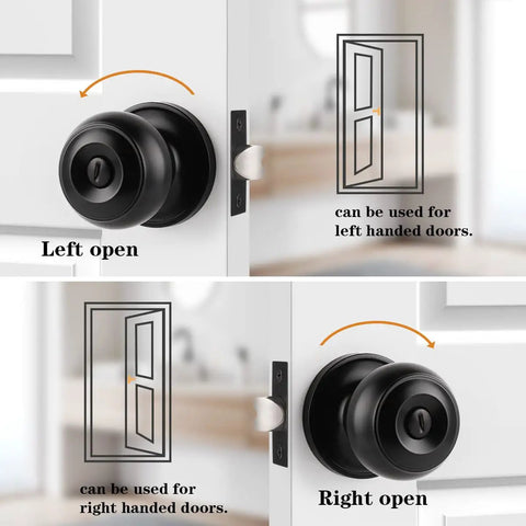 Matte Black Interior Door Knob Set With Round Ball Privacy Handle For Bedroom And Bathroom, ANSI Grade 3, 200000 Cycles, Brass Cylinder, Anti Fingerprint Wear Resistant, Modern No Fuss No Sharp Edge Door Knobs, 6 Pack showing left and right open positions on white door