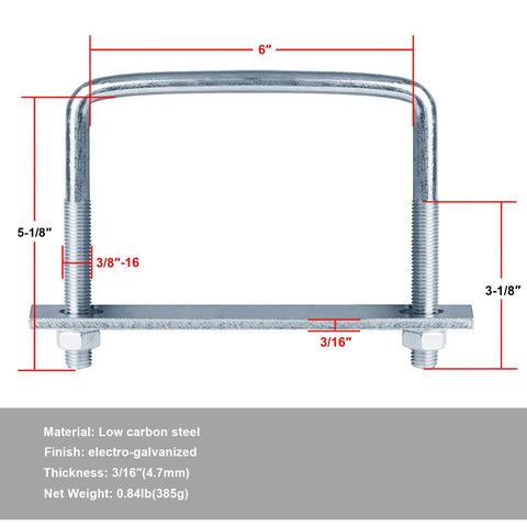 Four Pack 6 Inch Wide Square U Bolts For Trailers, 3/8 Inch Diameter, Adjustable From 1 7/8 Inch To 4 1/2 Inch, 3/16 Inch Frame Plate