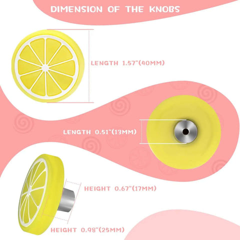 Image showing dimensions of Six Piece Set Lemon Yellow Cartoon Cabinet Drawer Knobs Super Soft Rubber Pulls with zinc base.