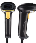 Handheld Barcode Scanner 2D Code Reader, Wired Universal QR And Barcode Scanner For Android with yellow button close-up