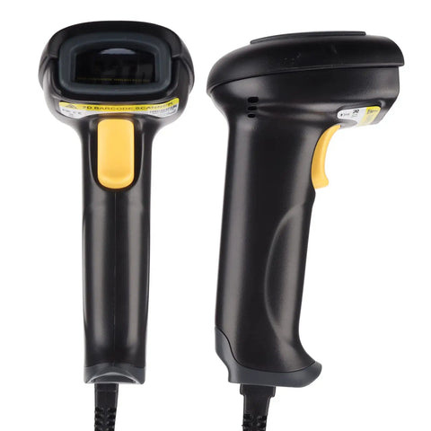 Handheld Barcode Scanner 2D Code Reader, Wired Universal QR And Barcode Scanner For Android with yellow button close-up