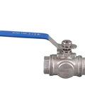 Top Shelf Three Way Stainless Steel Ball Valve With T Type Design For Plumbing And Gas Lines Built Tough As Nails To Deliver Corrosion Resistant Flow Without Any Drama, 20 mm diameter, blue handle.