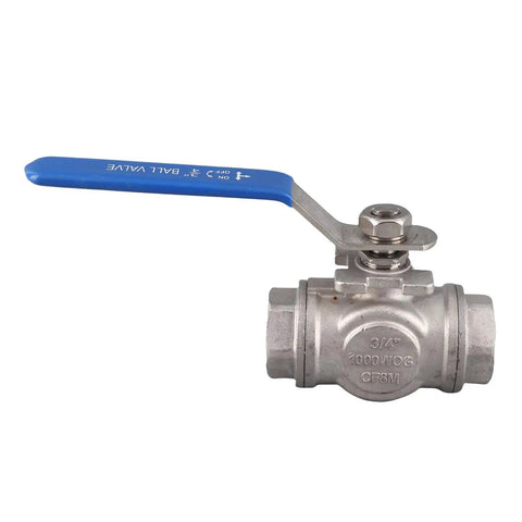 Top Shelf Three Way Stainless Steel Ball Valve With T Type Design For Plumbing And Gas Lines Built Tough As Nails To Deliver Corrosion Resistant Flow Without Any Drama, 20 mm diameter, blue handle.