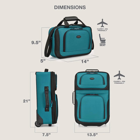 U.S. Traveler Rio teal softside rolling carry-on suitcase, 2-wheel set; front and side views