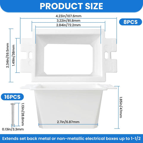 Product sizing for 8 Pack 1-Gang Electrical Box Extenders With 16 Screws, Durable Plastic Outlet Box Extension Kit, White