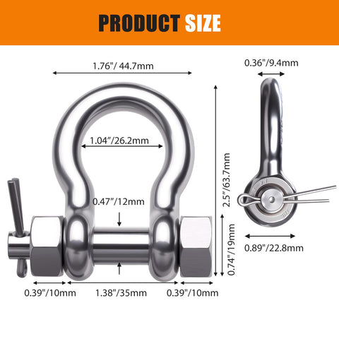 Three Eighths Inch Bow Shackle 2 Pack Saltwater Ready Marine Grade 316 Stainless Steel Beefy Anchor Shackle dimensions