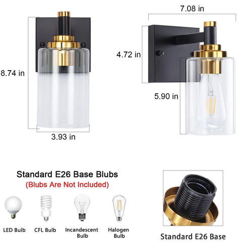 Two Pack Black and Gold Wall Sconces With Glass Shade Modern Rustic Brass Bathroom Wall Lighting For Bedroom Hallway Kitchen Living Room Dimmable With E26 Base 60W Max LED Compatible Bulbs Not Included showing measurements and bulb types.