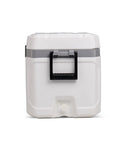 Back view of 54 Qt Marine Ultra Cooler with UV protection, non slip swing up handles, durable stainless steel hinges, tight seal, ice retention, white.