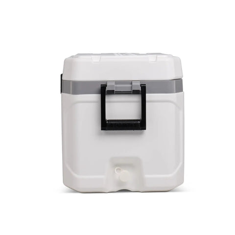 Back view of 54 Qt Marine Ultra Cooler with UV protection, non slip swing up handles, durable stainless steel hinges, tight seal, ice retention, white.