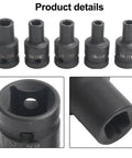 Pro Square Tap Socket Kit 5-Piece Set For M6 To M14 Re-Threading With Chrome Vanadium Steel, Black Phosphate Finish and Pneumatic Adapter For Tight Spots. five black CrMo socket taps