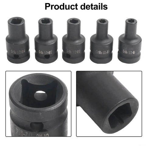 Pro Square Tap Socket Kit 5-Piece Set For M6 To M14 Re-Threading With Chrome Vanadium Steel, Black Phosphate Finish and Pneumatic Adapter For Tight Spots. five black CrMo socket taps