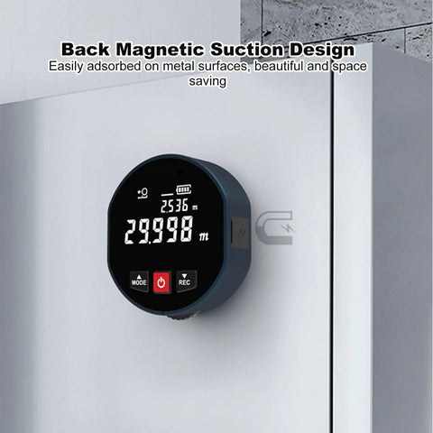 Portable Digital Distance Meter With Magnetic Back For Curved Surfaces 0 To 100 Meters Accuracy 1 Cm Plus Data Storage For 10 Sets mounted on metal panel