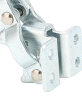 Close-up of toggle clamp, silver metal, quick release, durable build, for drill presses, woodworking jigs, and welding.