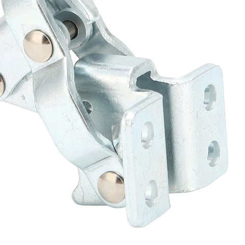 Close-up of toggle clamp, silver metal, quick release, durable build, for drill presses, woodworking jigs, and welding.
