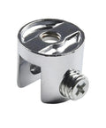 Close-up of a chrome zinc alloy bracket from the Set Of 50 Heavy Duty Glass Shelf Support Clamps For 6mm And 8mm Glass.