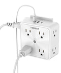 Heavy Duty 8 Outlet Surge Protector Power Strip With Hella Reliable Build And Fast Charge Usb C Expands Single Wall Outlet Into Eleven Charging Stations, close-up of white surge protector with multiple outlets.