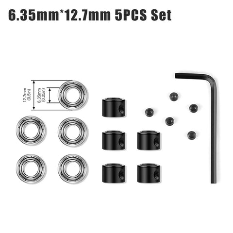 Pro Grade Router Bearing Guide Kit With Top Mounted Ball Bearing Set 6.35mm 12.7mm and wrench, 5pcs shown on white background