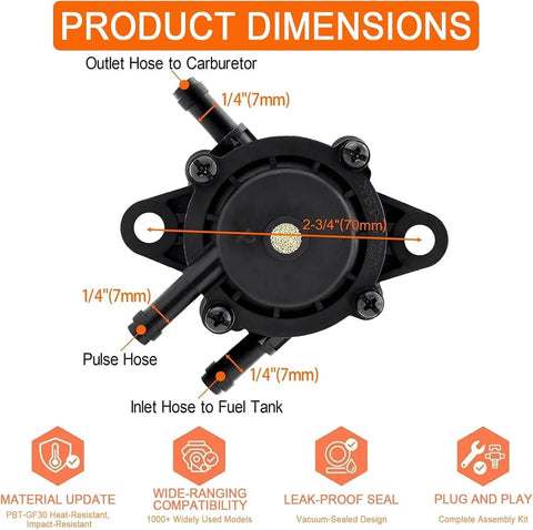 Dimensions and features of Pro Grade Fuel Pump Kit With Strainers And Oil Hose For 17HP To 25HP Lawn Mower Engines And Golf Carts