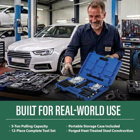 Awesome Heavy Duty 5 Ton Bearing Separator And Flywheel Gear Puller Kit For Auto Repair Pros And Do It Yourself Guys Who Want Rock Hard 45 Carbon Steel Power To Handle Stubborn Bearings Gears Pulleys And Steering Wheel Removal Tasks Efficiently, 12-piece blue case