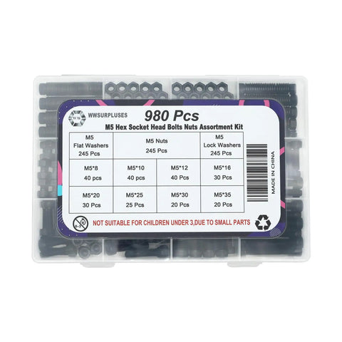 980 Piece M5 Hex Socket Head Cap Screws Set With Nuts And Washers Including M5x8mm Through M5x35mm Fasteners And 245 Nuts 245 Washers For Heavy Duty 3D Printer CNC Frames DIY Projects, plastic case