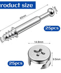 25 Piece Furniture Cam Lock Bolts And Screws With Eccentric Cams Self Tapping Pins For Cabinet Particle Board Wood Assembly Quick No Sweat Setup Rock Solid Fit Heavy Duty Hardware Kit, showing bolt and cam sizes.
