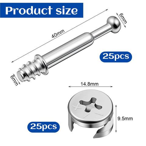 25 Piece Furniture Cam Lock Bolts And Screws With Eccentric Cams Self Tapping Pins For Cabinet Particle Board Wood Assembly Quick No Sweat Setup Rock Solid Fit Heavy Duty Hardware Kit, showing bolt and cam sizes.