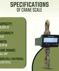 Specifications of Rock Solid Wireless Crane Scale With 40000 Lb Capacity And Vivid Lcd Panel Plus Broad Signal Remote.