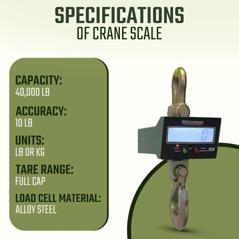 Specifications of Rock Solid Wireless Crane Scale With 40000 Lb Capacity And Vivid Lcd Panel Plus Broad Signal Remote.