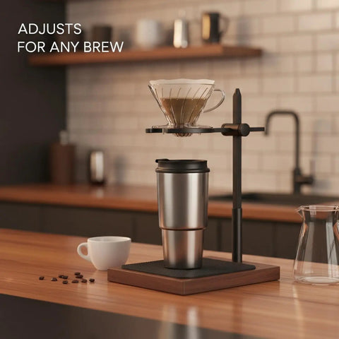 Adjustable Pour Over Coffee Stand Built From Premium Wood And Rock Solid Alloy Fits Travel Mugs Carafes Hassle Free Dripper Holder For Zero Mess Morning Brews with dripper above mug.