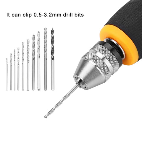 Handy Drill Set With Ten Piece Bit Kit Portable Micro Drill Tool Nonslip Handle For Art And Craft Projects Precision Pin Vise, 0.5-3.2mm bits