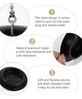 Features of 2 Pcs Black Silicone Bathtub Drain Stopper with Chain for Shower Use, showcasing chain design, material and flexibility.