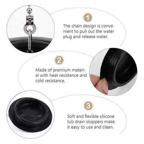 Features of 2 Pcs Black Silicone Bathtub Drain Stopper with Chain for Shower Use, showcasing chain design, material and flexibility.
