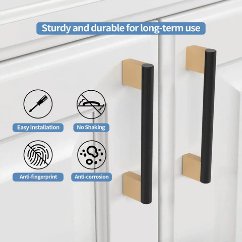 Five Inch Black And Gold Knurled Cabinet Pulls Set Of Ten Heavy Duty Drawer Handles installed on white cupboard doors