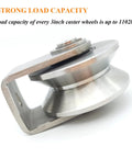 V Groove Wheel Heavy Duty Stainless Steel Caster With Bracket For Sliding Gates Rolling Gates Inverted Track And Industrial Machines High Load Capacity And Corrosion Resistant Design, side view of stainless steel caster showing wheel and bracket.