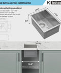 Diagram showing Undermount 15x17 Inch Bar Prep Sink in 16 Gauge Stainless Steel with installation dimensions and cabinet requirements.