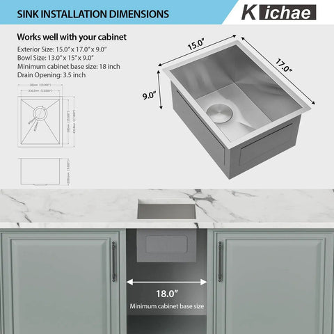 Diagram showing Undermount 15x17 Inch Bar Prep Sink in 16 Gauge Stainless Steel with installation dimensions and cabinet requirements.