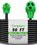 50 ft black extension cord with green NEMA 10-30P to 10-30R connectors, labeled for dryer use, coiled against a white background.